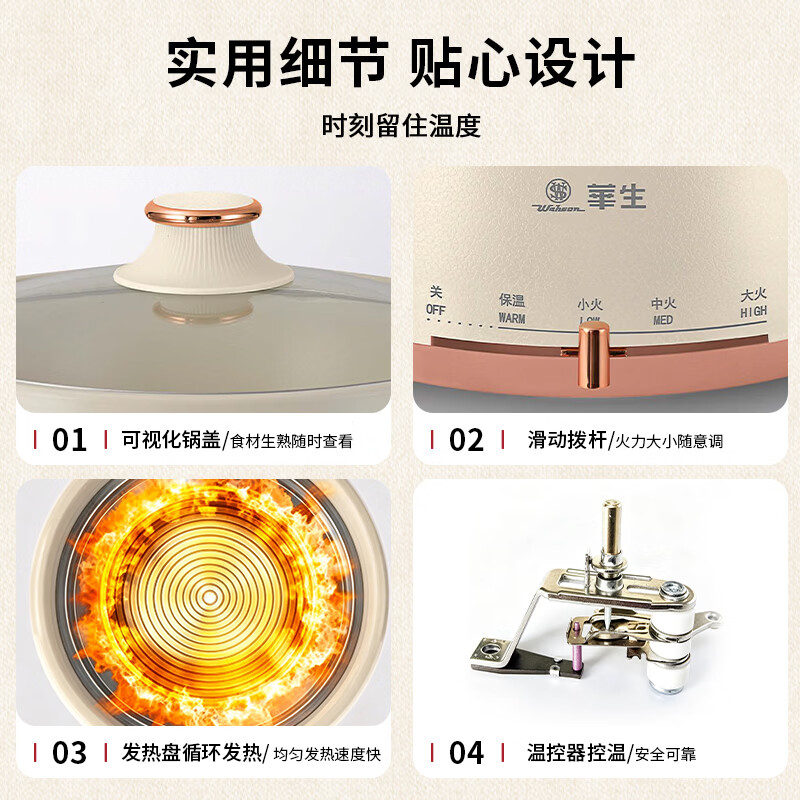 华生(Wahson)电火锅分体式可拆洗家用大容量火锅专用锅电煮锅电炒锅多功能不粘锅宿舍小电锅不锈钢电热锅 4L 【DRG-13-A10L杏色-煮涮煎炒】