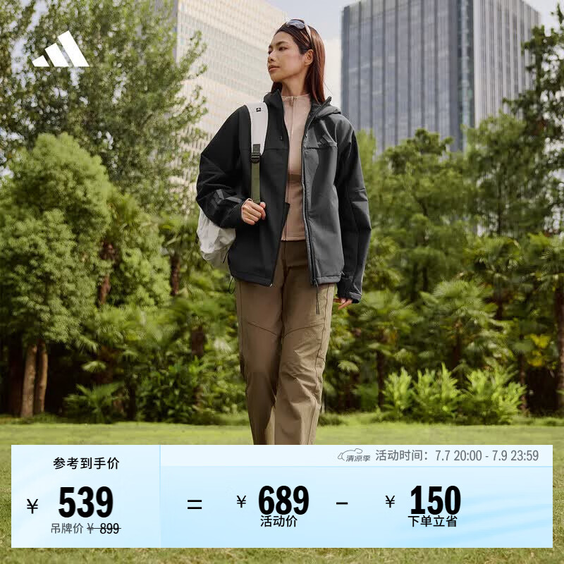adidas拒水防风休闲户外风加绒连帽夹克外套男女阿迪达斯轻运动   黑色   M