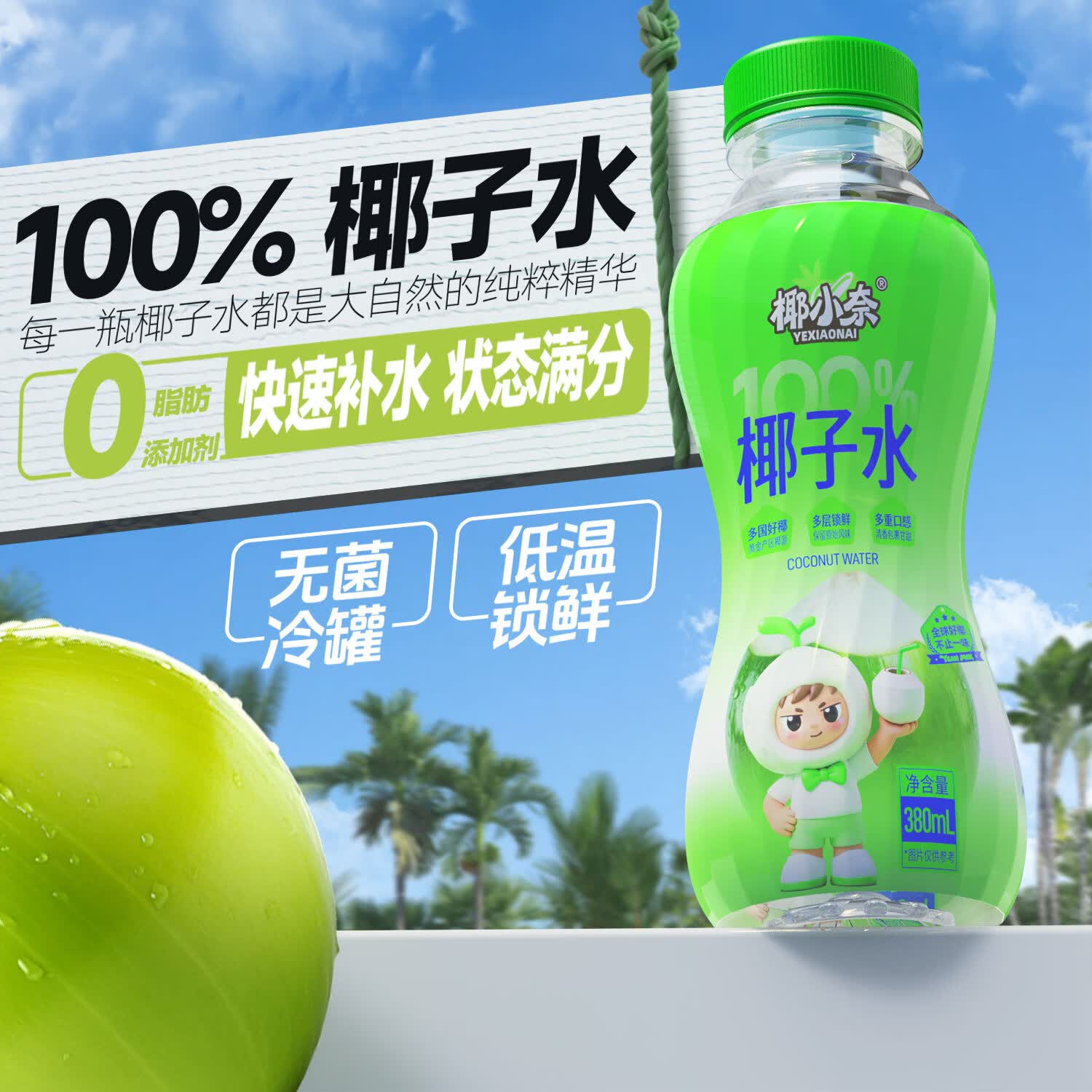 椰小奈100%椰子水果汁椰汁饮料0脂0防腐剂含天然电解质孕妇儿童可喝 【100%椰子水】380ml*6瓶