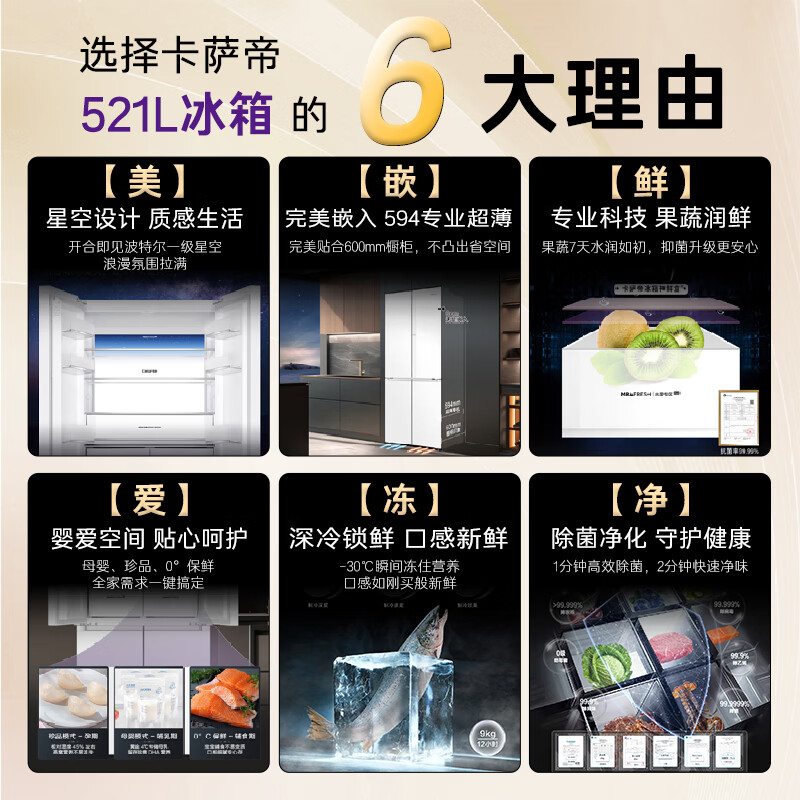 卡萨帝（Casarte）星空521升594mm专业超薄零嵌入式双系统十字四开门一级能效国家补贴冰箱BCD-521WGCTDM4WKU1