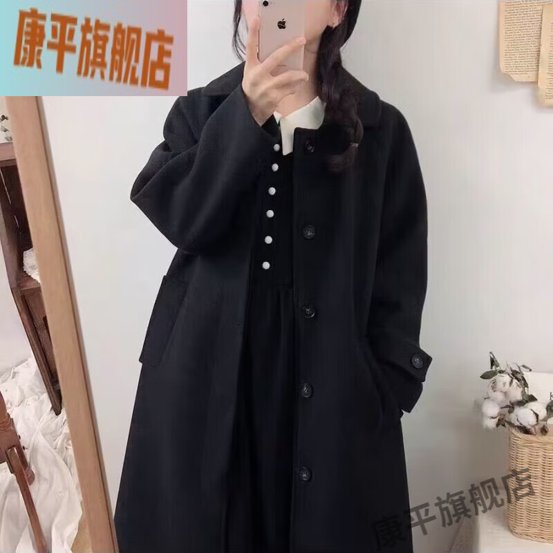 大衣女中长款冬季加厚新款韩版赫本风秋冬2022小个子韩系 黑色夹棉款