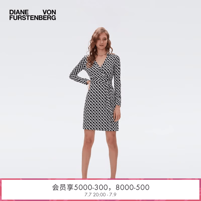 Diane von Furstenberg[100%真丝 品牌经典]DVF黑白锁链V领短款裹身连衣裙MR39E00 CLMDB黑白锁链图案 XS / 0