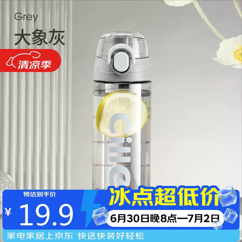 希乐（cille）塑料水杯tritan男女学生大容量便携户外运动健身随手杯子灰600ml