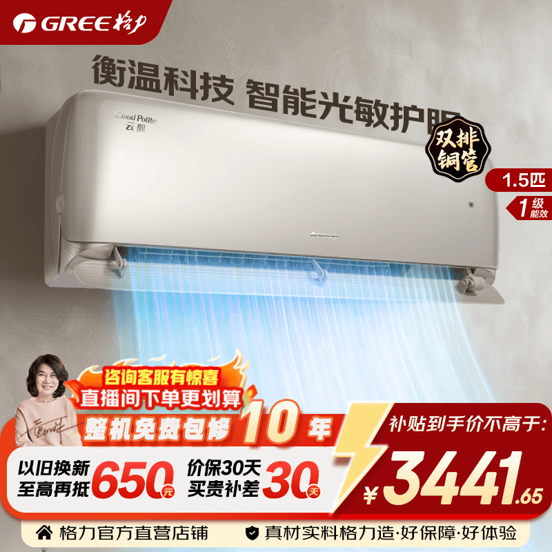 格力空调 云佩 1.5匹/大1匹 新一级能效 变频冷暖 纯铜管 省电舒适风 风不吹人 卧室空调挂机 国家补贴 1.5匹 云佩 双排铜管 新一级能效 