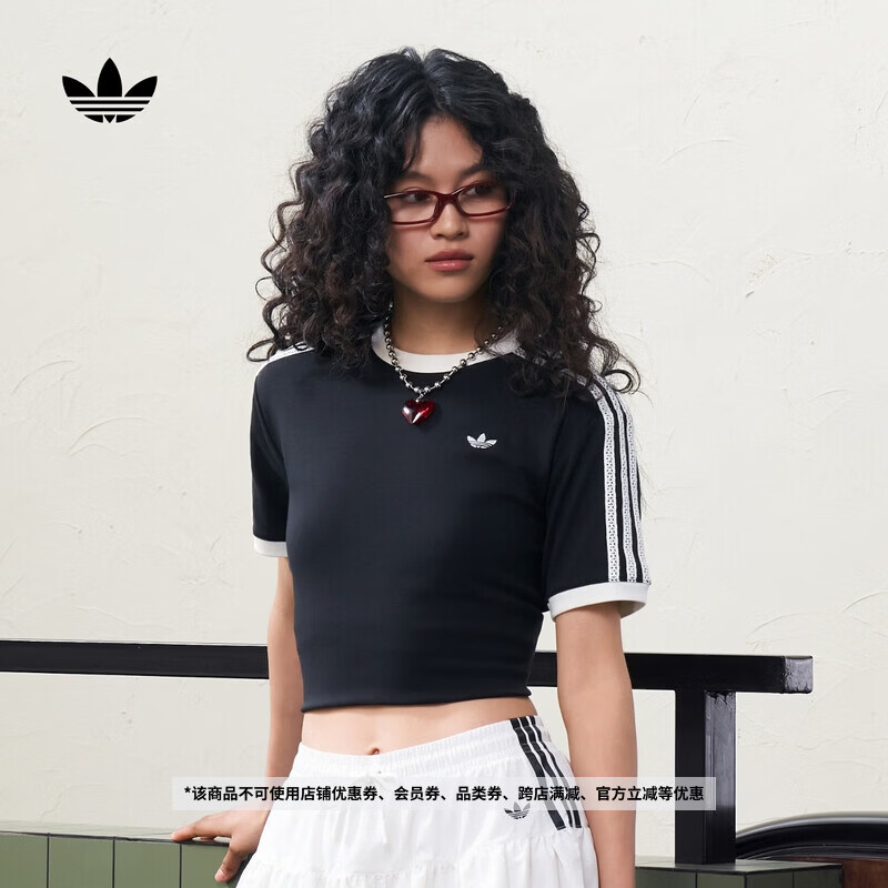 adidas日常通勤休闲三条纹运动短袖T恤女夏季新款阿迪达斯三叶草   黑色   S