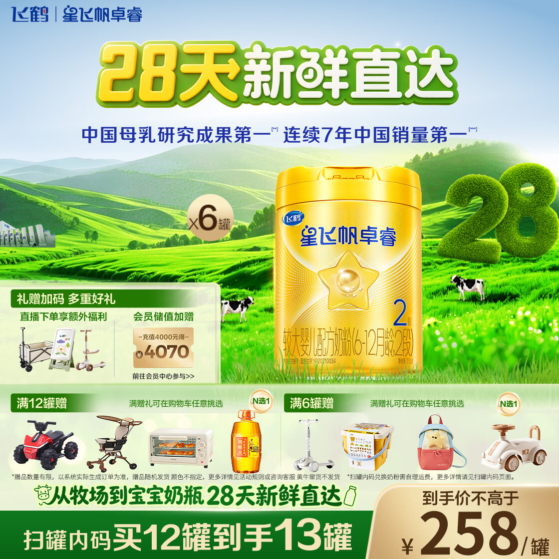 飞鹤星飞帆卓睿2段幼儿配方奶粉6-12月750g*6乳铁蛋白7种HMO28天新鲜