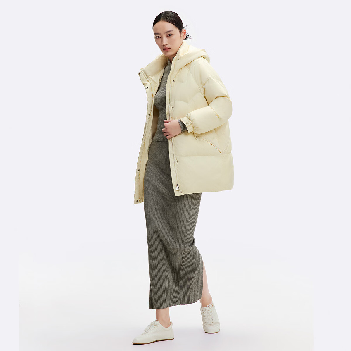 千仞岗秋冬季羽绒服中长款美拉德色系连帽外套女士百搭休闲保暖防寒服 奶油白 XS (155)
