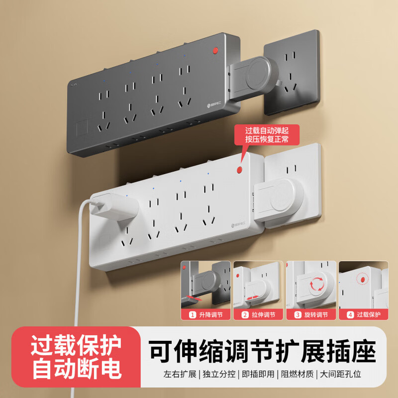 国际电工(FDD)86型扩展插座明装带开关防过载插排厨房墙壁可调节一转多无线转换 白色二开14孔【向左扩展】