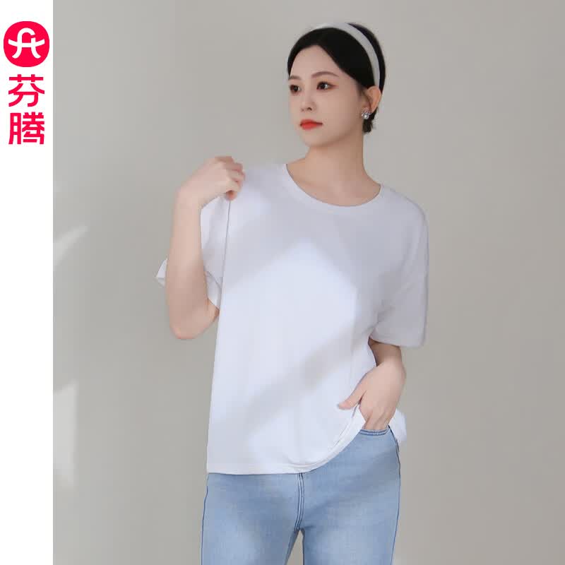 芬腾简约白色休闲基础款短袖T恤女款夏季慵懒风宽松百搭显瘦套头上衣 白色 L 建议：110-125斤