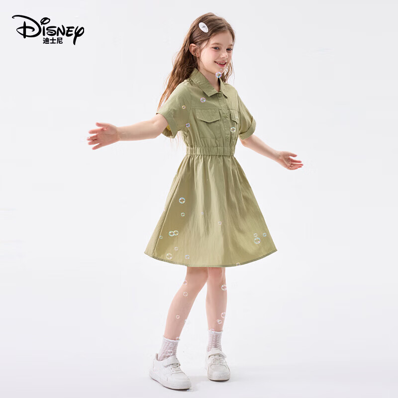 迪士尼(Disney)童装女童连衣裙2026夏季新款儿童公主裙女孩短袖裙中大 绿色(ZYA2SQ023) 160 【建议身高155-160cm,体重85-100斤】