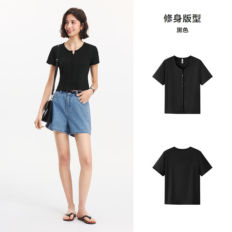 森马（Semir）[T恤合辑]短袖t恤女短款上衣夏装收腰显瘦U领撞色套头衫 V款-黑色90001 M