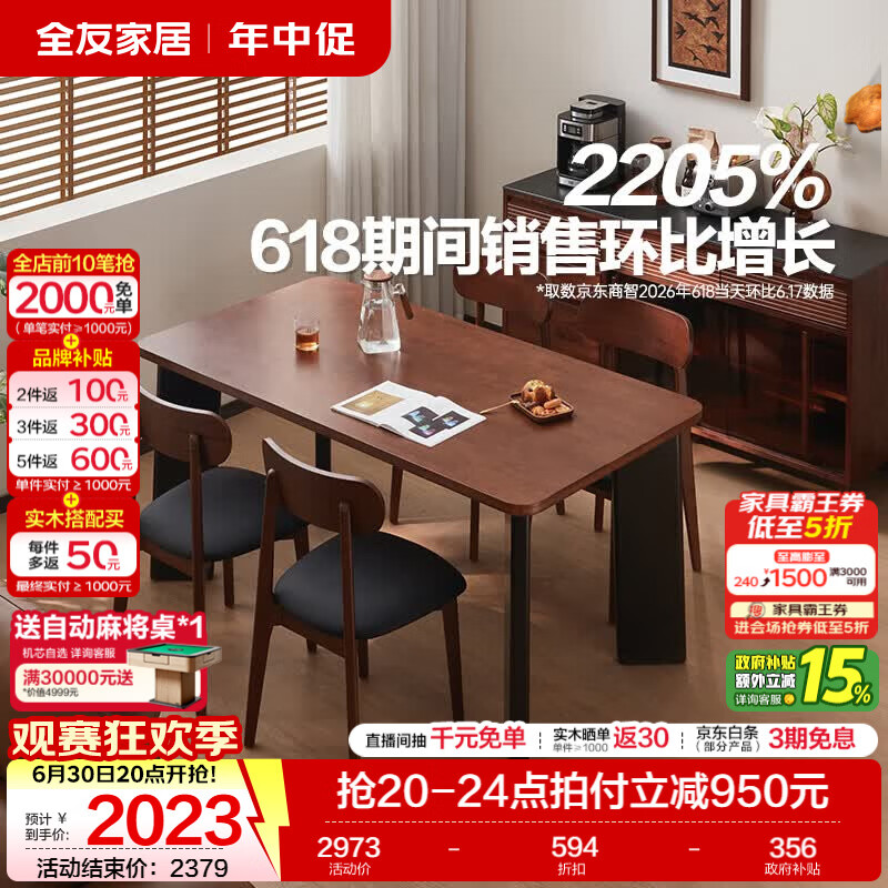 全友家居复古风实木餐桌椅子全套2026新款饭桌子客厅家用4-6人长方形 【全实木】1.6m餐桌+大圆角餐椅*4