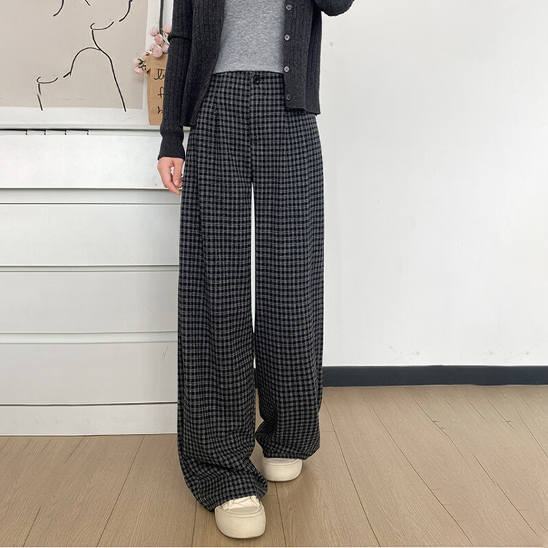 浪莎复古格子裤女秋季宽松慵懒风直筒休闲裤小个子垂感显瘦阔腿裤 杏灰格子 【复古格子单品】 L 【建议111-125斤】