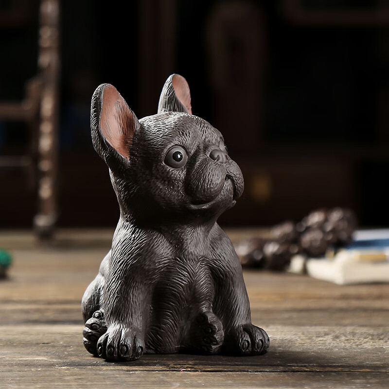 陶瓷功夫茶具摆件紫砂茶宠摆件精品旺财狗茶玩可养茶宠 斗牛犬-红耳款