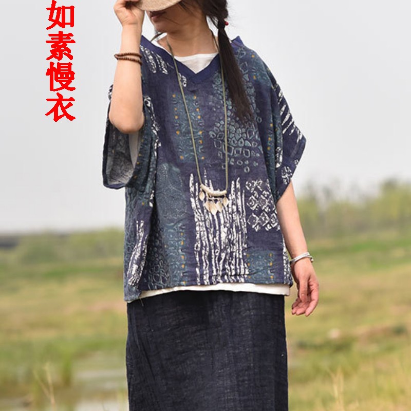 如素慢衣女装蝙蝠罩衫民族风t恤女宽松印花套头上衣15389 蓝系 均码