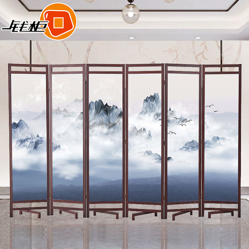 钱柜实木屏风隔断客厅卧室中式定制折屏可折叠拉直 六屏 （画面自选）