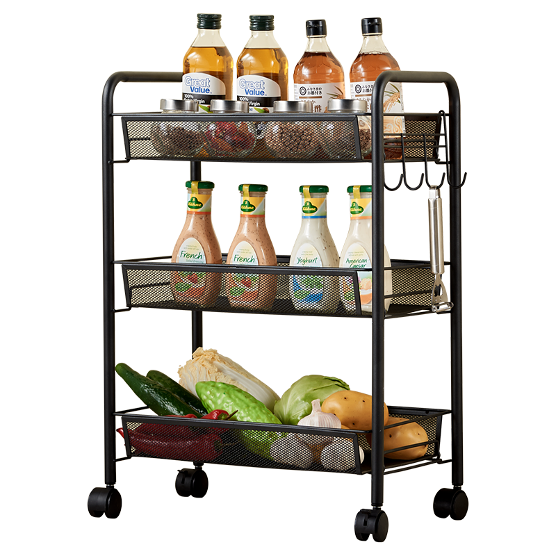 溢彩年华 厨房置物架落地储物架移动收纳小推车蔬菜架子多层家用美容零食架婴儿置物架YCI1056-BK
