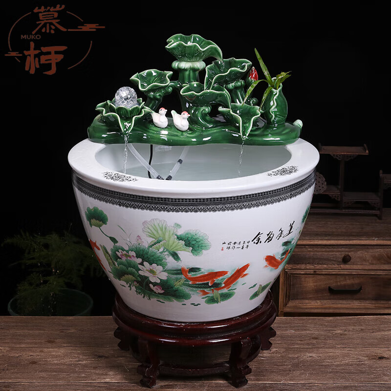 慕柯陶瓷水缸大鱼缸养鱼盆锦鲤地缸家用客厅落地古法养金鱼缸 连年有