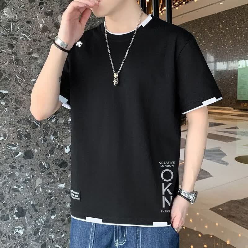 迪桑特（DESCENTE）短袖男男潮流宽松服潮牌学生短袖T恤上衣五分袖圆领半袖T恤纯棉 黑色 M