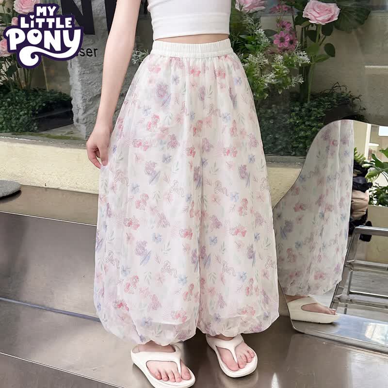 小马宝莉女童碎花薄休闲裤子儿童洋气防蚊长裤大童宽松 白色 140 身高建议130-140CM