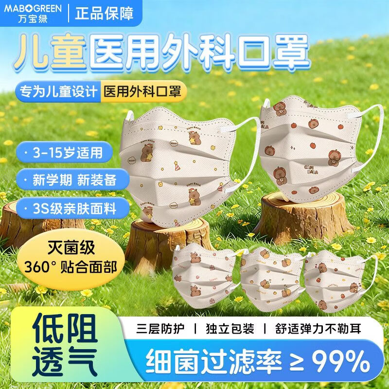 万宝绿儿童医用外科口罩蝶形一次性医疗3-6岁独立包装5岁8-12岁防晒薄款 医用灭菌级【7-12岁*加宽不勒耳】水豚熊五色混搭 儿童医用外科口罩【60片*日常装】独立包装