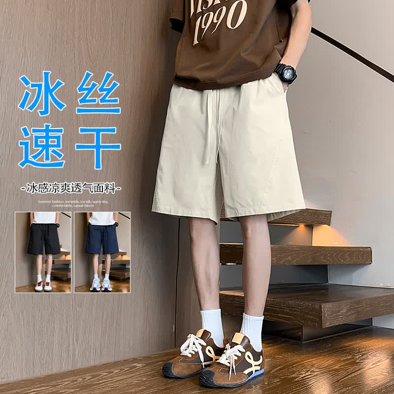 尺度保罗美式结构晾干冰丝短裤速干短裤青年夏季薄款宽松直筒休闲五分裤潮 JC-DK6620黑色 L 110~130 斤