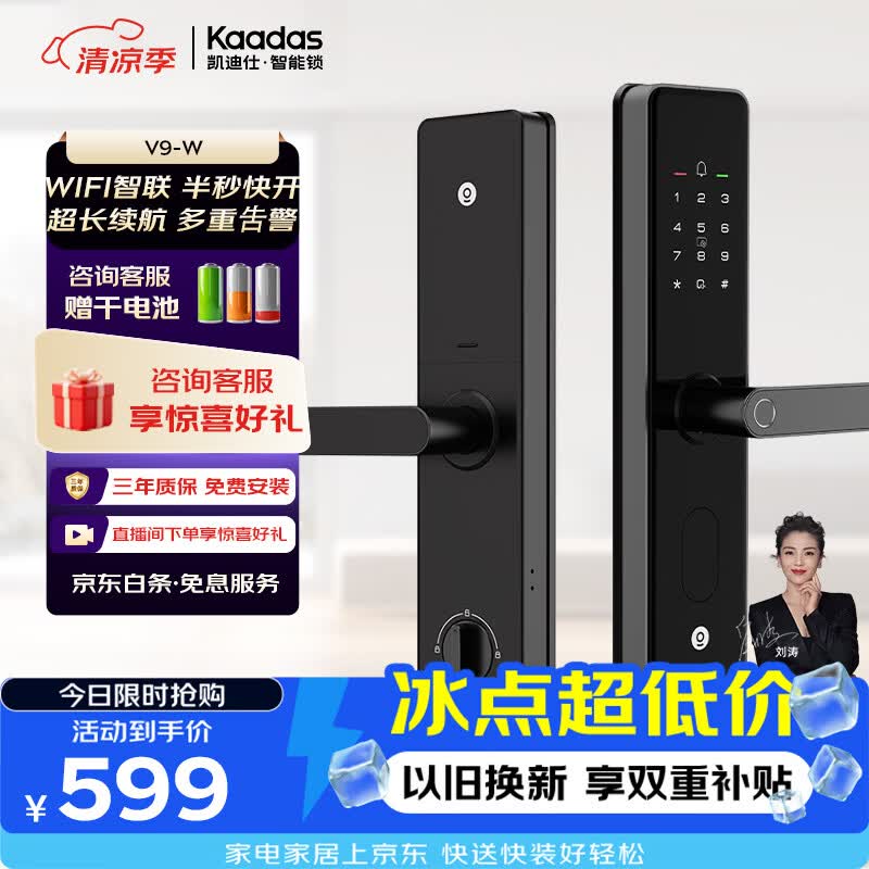 凯迪仕（KAADAS）V9智能门锁指纹密码锁入户门防盗门电子锁一握即开智能锁 V9-W