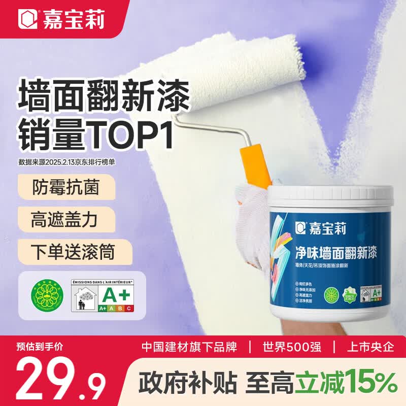 嘉宝莉补墙漆白色修补墙面翻新漆内墙去污遮盖净味速效内墙乳胶漆1kg