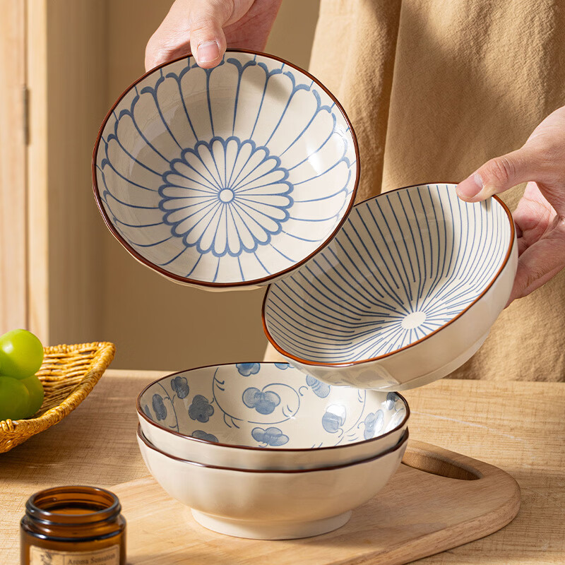 句途4个6.5英寸中式复古青花面碗泡面碗大碗漂亮餐具釉下彩饭碗 复古青花 4个6.5英寸面碗(四色混搭)