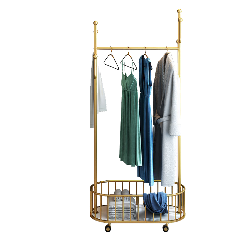 溢彩年华 轻奢衣架欧式金属挂衣架落地卧室衣服架简约衣帽架多功能立式置物架【带轮子+脏衣篮】YCC2270-GD