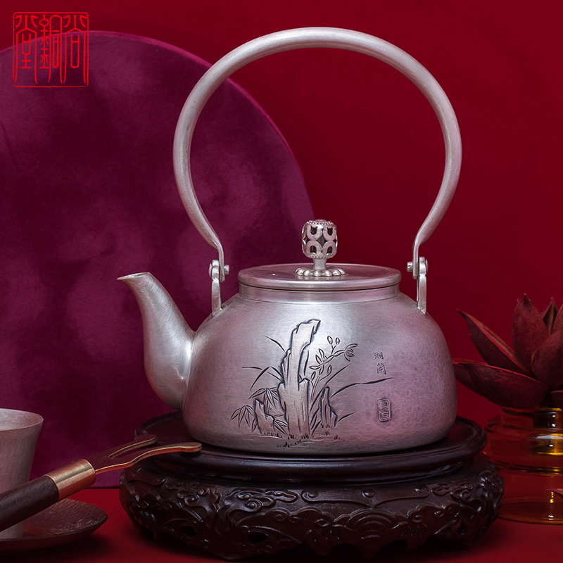 尚铜堂国级錾刻技能大师银壶s999足银茶壶手工錾刻收藏送礼 湘兰-足银