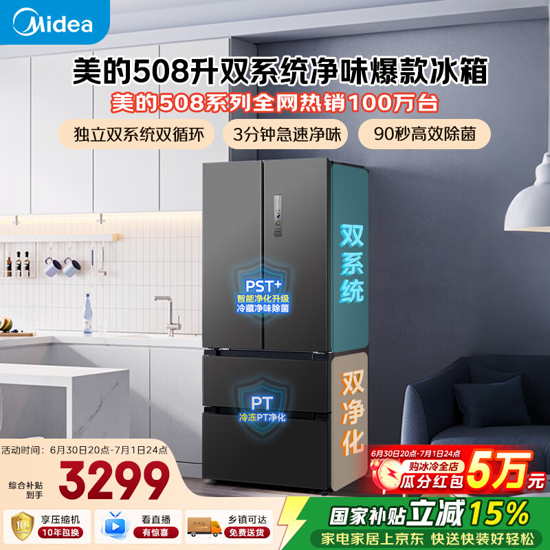 美的508L法式四开门冰箱双系统双循环一级能效除菌净味风冷无霜大容量BCD-508WTPZM(E)灰国家补贴