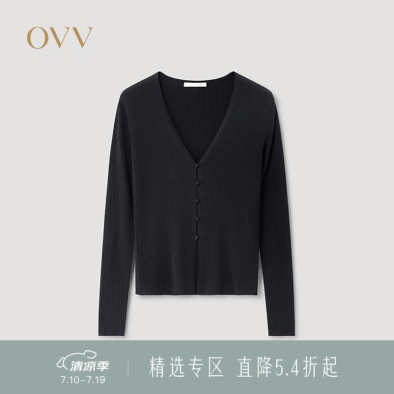 OVV2025秋冬新款女装精致优雅舒适羊绒V领修身长袖针织开衫 藏青 M