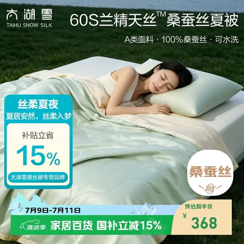 太湖雪 100%桑蚕丝夏凉被 天丝空调被 可水洗  A类抗菌 青荷露1.5*2.1