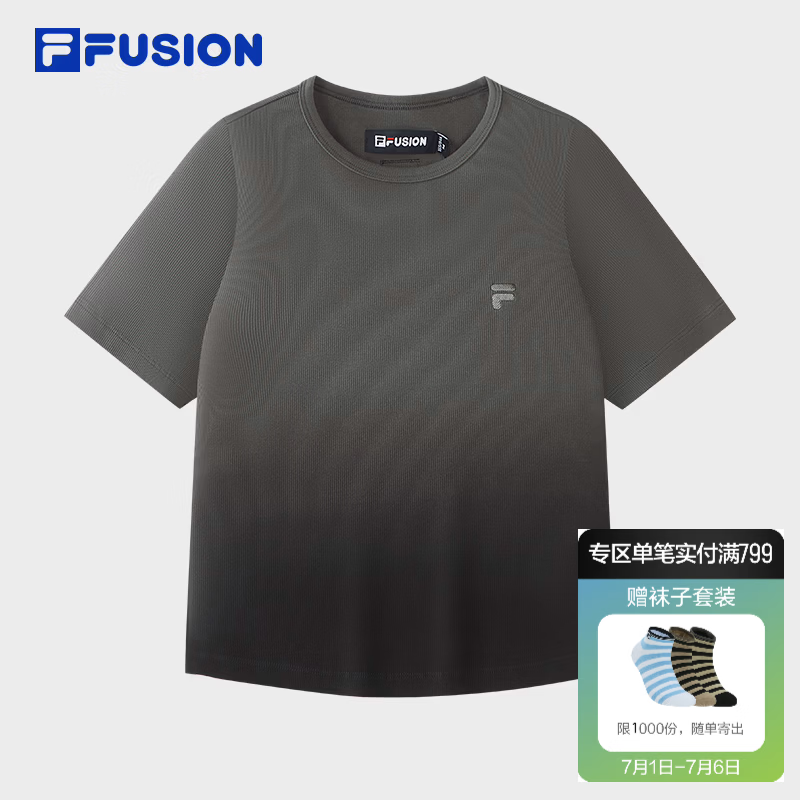 FILA FUSION斐乐潮牌女子针织短袖衫2026夏季新款渐变上衣紧身T恤 雷云灰-DY L 170/88A/L