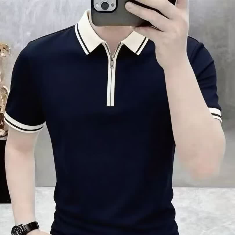男短袖翻领撞色半拉链商务休闲上衣 黑青色 XL （130-150斤）