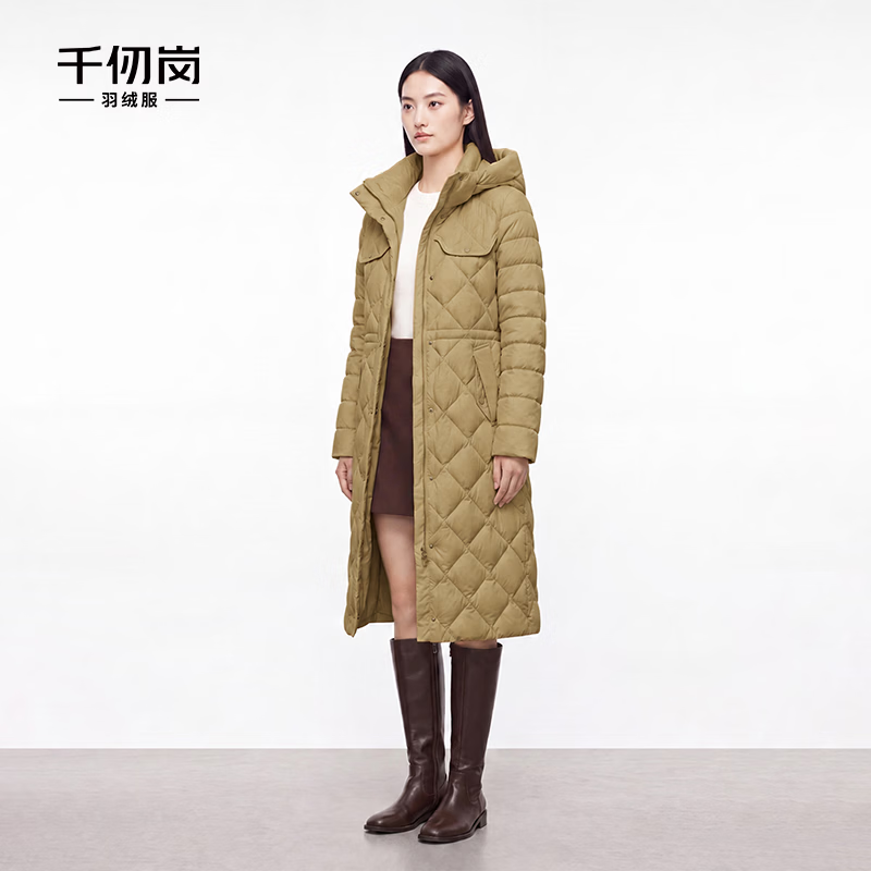 千仞岗90白鸭绒高蓬松度高清洁度冬季羽绒服女士中长款连帽外套 金秋咖 S (160)