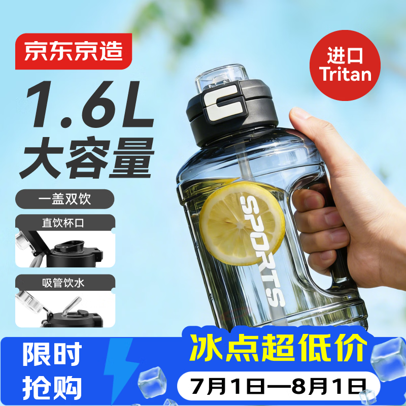京东京造吨吨桶 运动水杯Tritan超大容量水壶健身吸管大肚杯1600mL黑