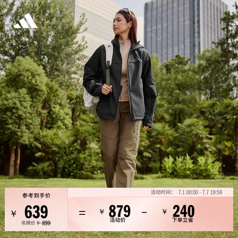 adidas拒水防风休闲户外风加绒连帽夹克外套男女阿迪达斯轻运动   黑色   L
