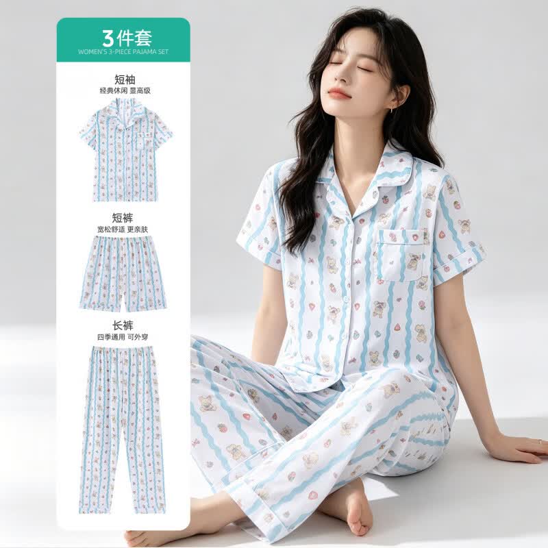 睡衣夏季女士云朵棉三件套甜美可爱卡通休闲居家服 ZZL119-6三件套 M