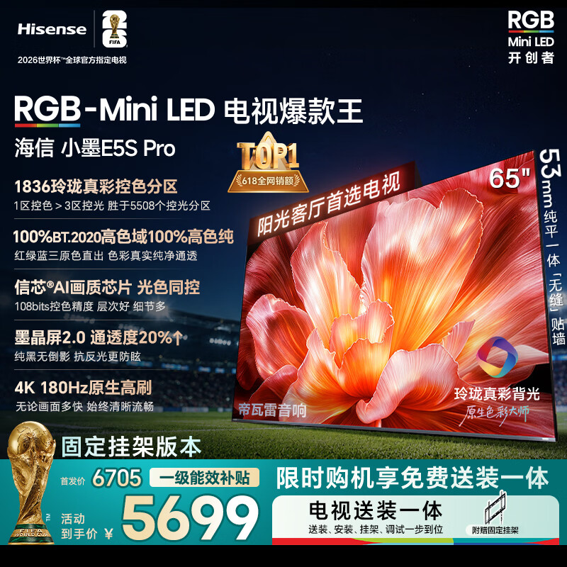 海信RGB-MiniLED电视小墨E5S Pro 65吋【送装一体-固定挂架】1836分区玲珑真彩背光 信芯 抗反防眩