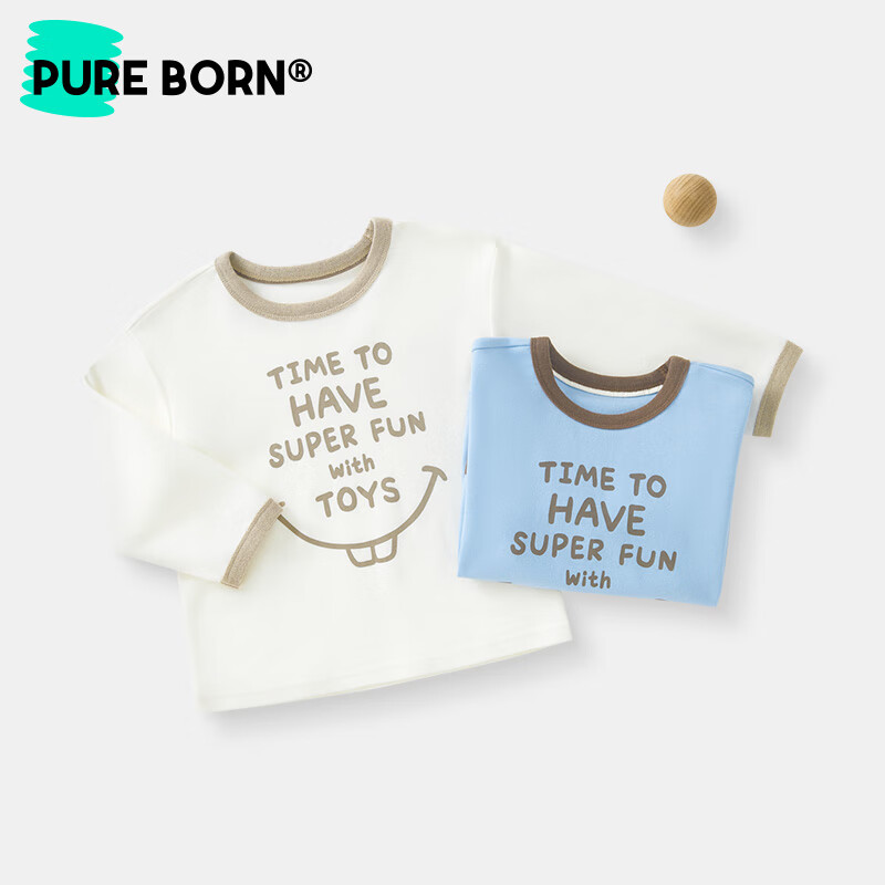 博睿恩(Pureborn)男女宝宝长袖T恤春秋季新款婴童纯棉透气字母印花上衣 浅钻蓝色 100