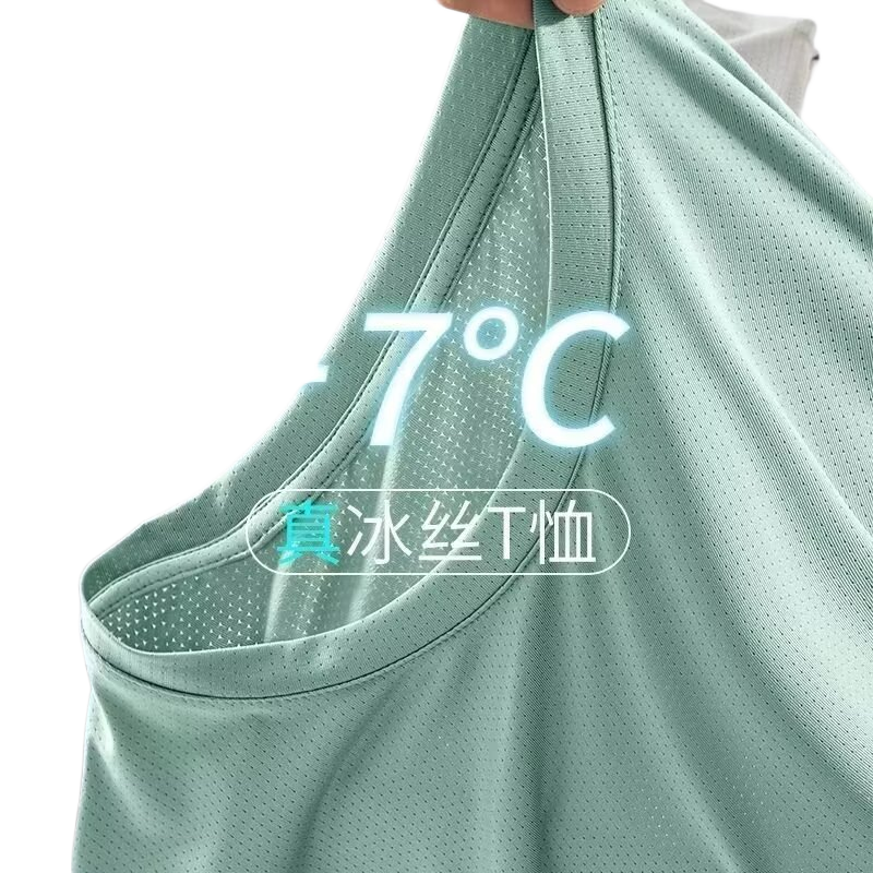 冰丝t恤短袖男夏季2026新款凉感速干汗衫韩版潮流网眼T圆领上衣服 绿色 3XL