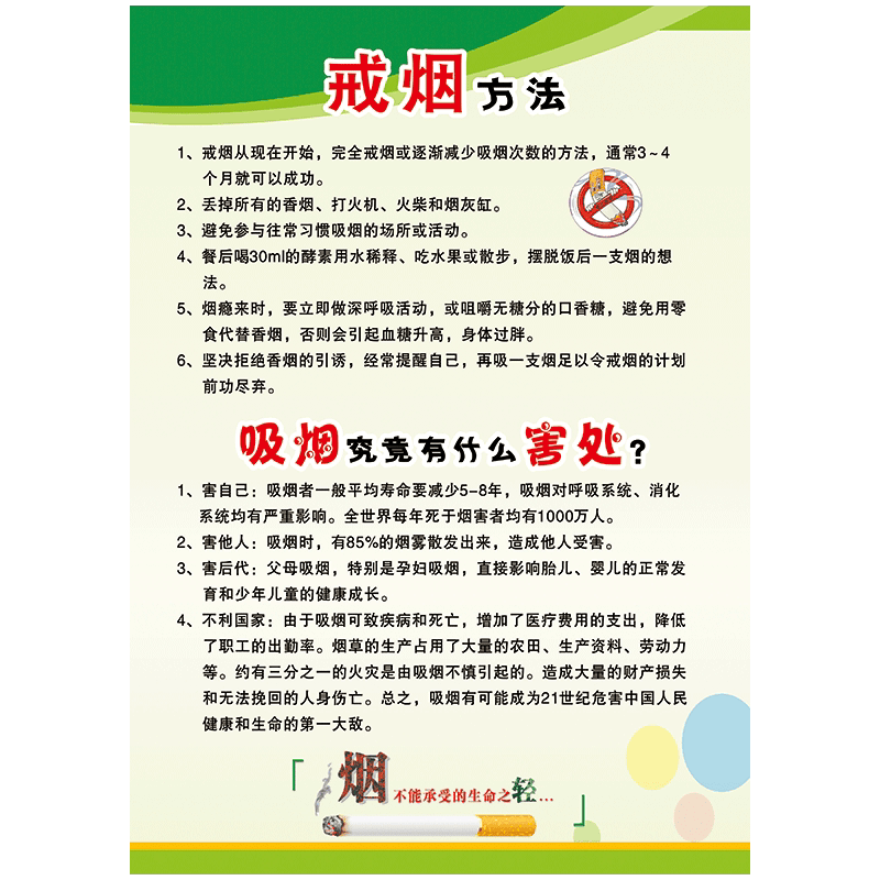 关爱生命远离香烟禁烟文化宣传画海报标语挂图控禁止吸烟贴画tyh tyh