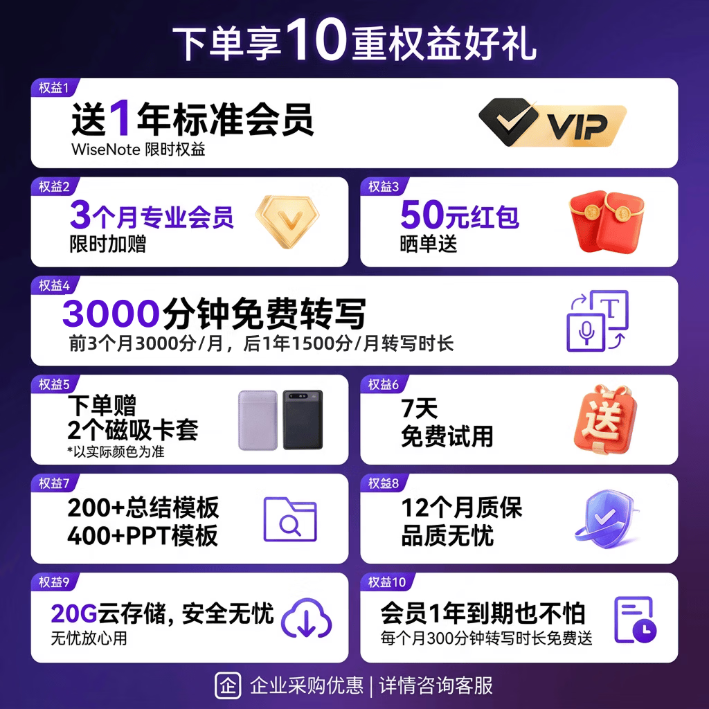 百融百智WiseNote AI录音卡实时录音转文字智能会议纪要超长待机轻薄随身便携 商务送礼 赠原装+金色卡套 灰色 W1标准版