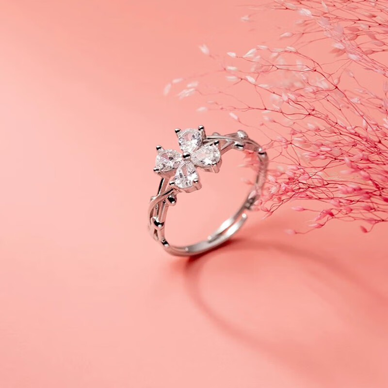 苏十六999银四叶草戒指女时尚个性可调节食指戒指环生日礼物送女友老婆 四叶草戒指