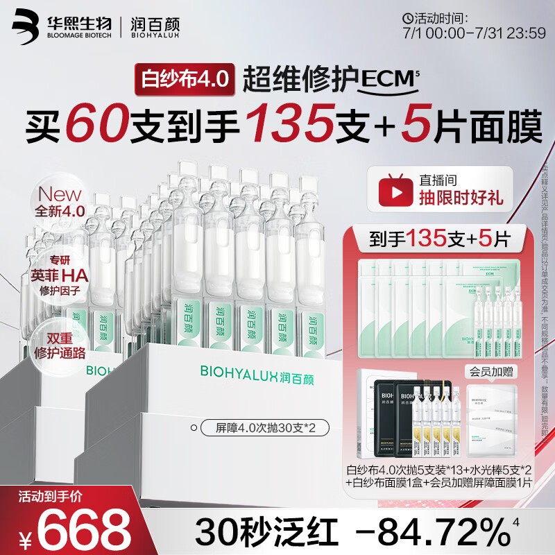 润百颜华熙生物白纱布4.0屏障修护次抛精华60支护肤品修护ECM
