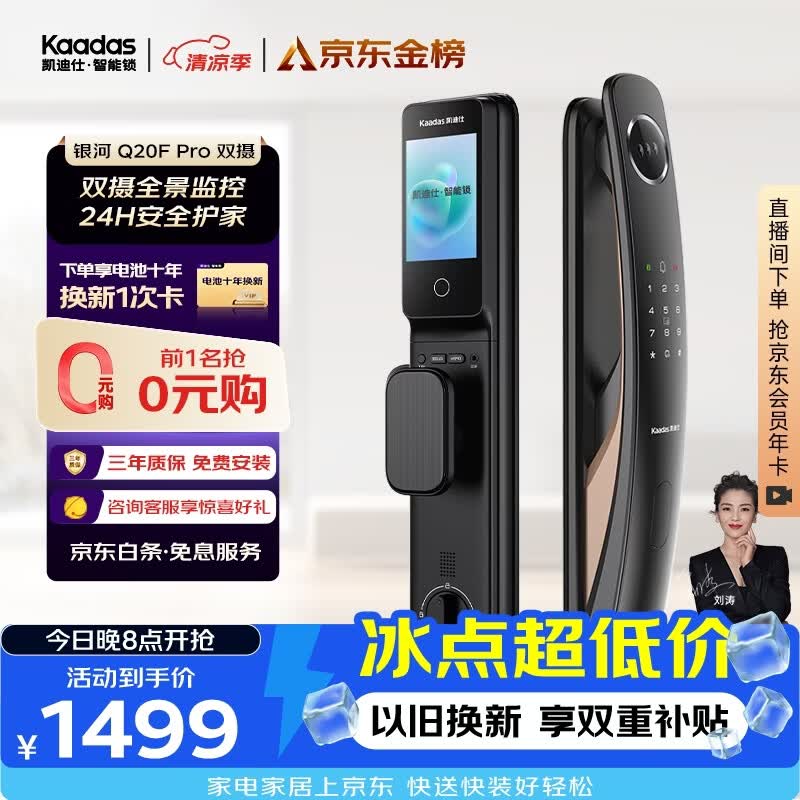 凯迪仕（KAADAS）智能门锁人脸识别可视猫眼大屏全自动指纹锁密码锁 Q20F Pro双摄