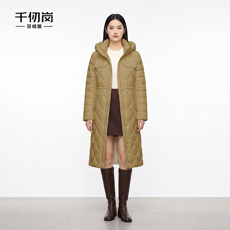 千仞岗90白鸭绒高蓬松度高清洁度冬季羽绒服女士中长款连帽外套 金秋咖 S (160) 京东折扣/优惠券