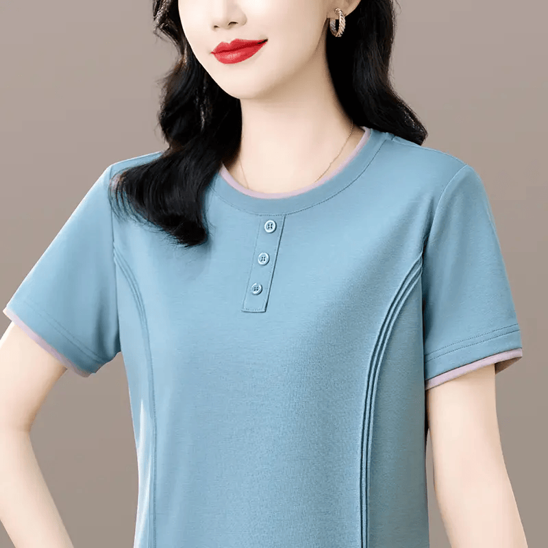 【专柜正品】女士圆领短袖T恤夏季新款时尚减龄休闲透气薄款上衣 雾霾蓝 2XL (建议120-130斤)